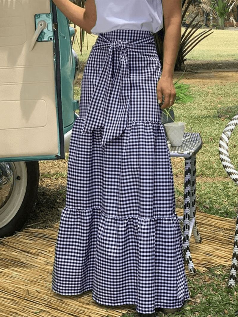 Kvinder Plaid Plisseret Lace-up Elastiske Talje Swing Nederdele