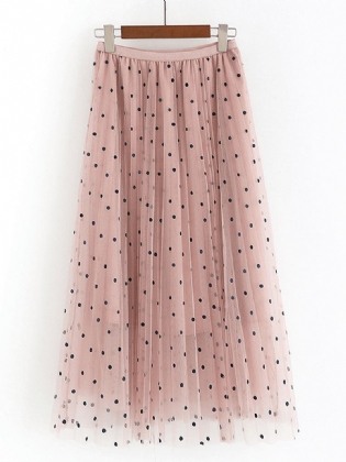 Kvinder Polka Dot Med Tryk Gaze Elastisk Talje Midi Mesh Plisseret Nederdel