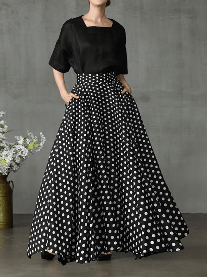 Kvinder Polka Dot Med Tryk Løse Store Swing Sidelommer Casual Lang Nederdel
