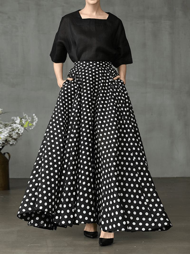 Kvinder Polka Dot Med Tryk Løse Store Swing Sidelommer Casual Lang Nederdel