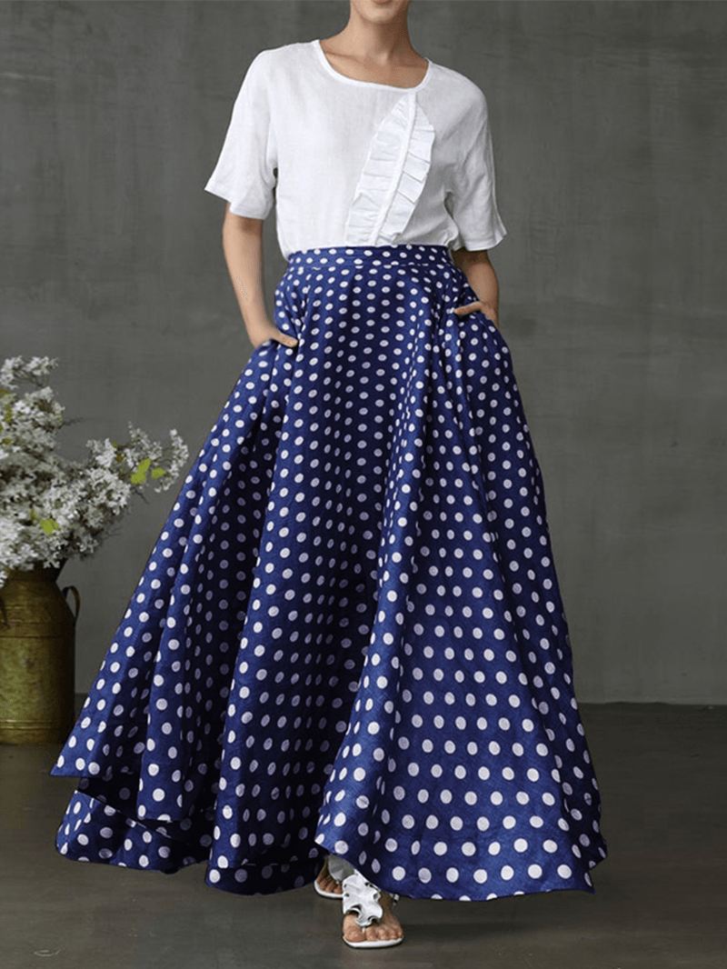 Kvinder Polka Dot Med Tryk Løse Store Swing Sidelommer Casual Lang Nederdel