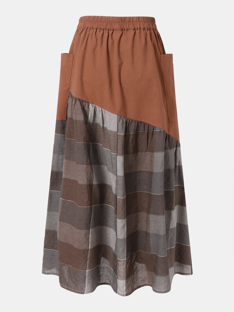 Plaid Med Tryk Patchwork Pocket Lang Afslappet Nederdel