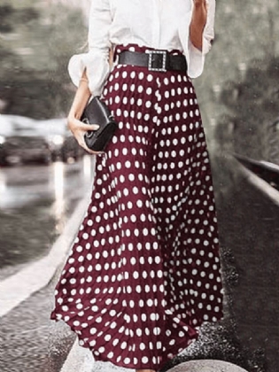 Polka Dot Med Tryk Højtaljet Sidelynlås Elegante Løse Maxi-nederdele