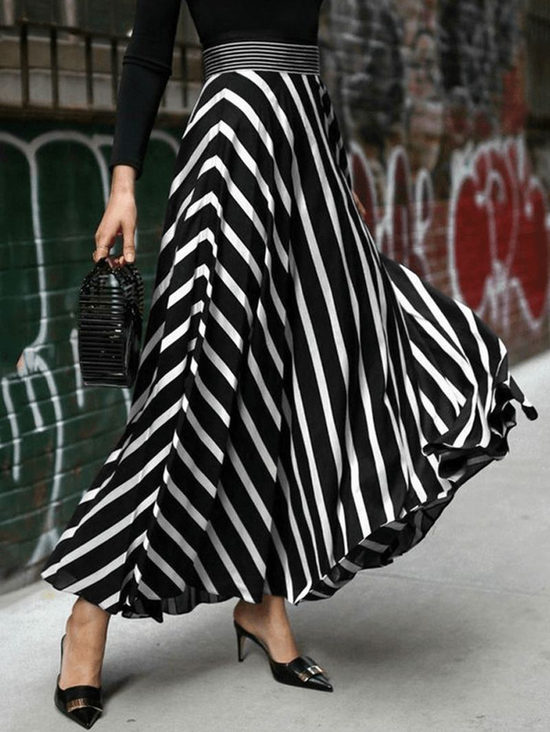 Stripe Med Tryk Elastisk Talje Ryg Lynlås Fritid Maxi-nederdele