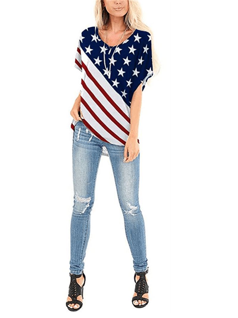 Amerikansk Flag Stjernetryk Independence Day Rundhals Kvinder Casual T-shirts Til Kvinder