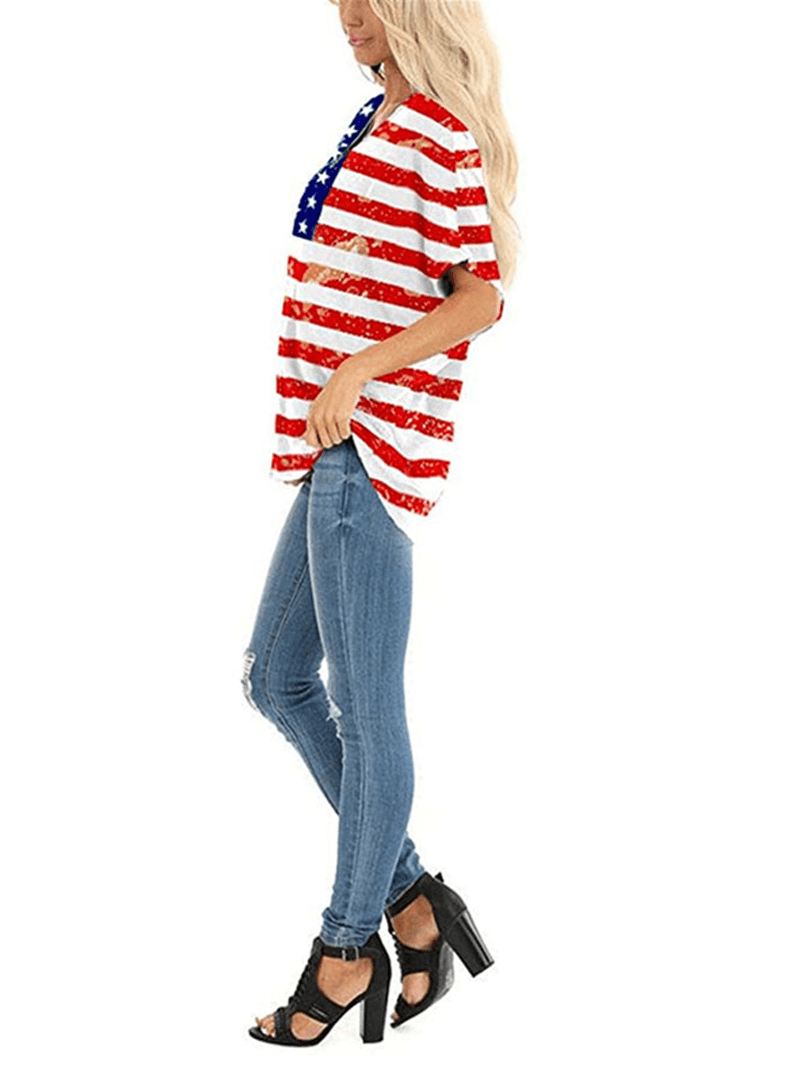 Amerikansk Flag Stjernetryk Independence Day Rundhals Kvinder Casual T-shirts Til Kvinder