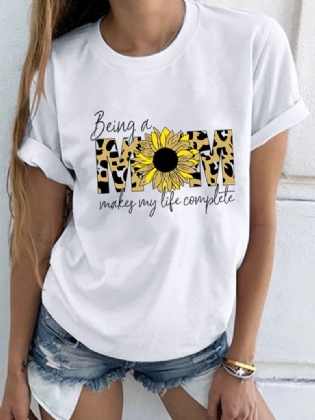 Blomster Leopard Letter Med Tryk Kortærmede O-hals T-shirts Til Kvinder