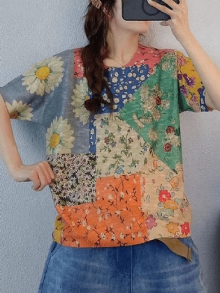 Blomstertryk Farveblok Løs Rund Hals Kortærmet Strikket T-shirt