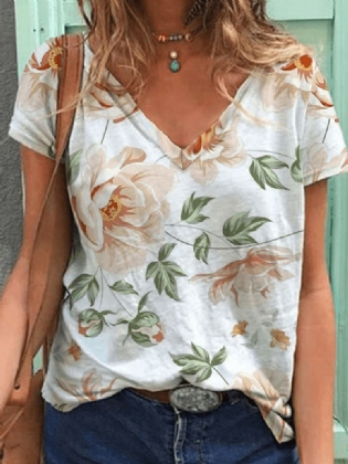 Blomstertryk V-hals Korte Ærmer Afslappede T-shirts Til Kvinder