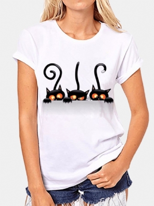 Casual Kat Med Tryk Runde Hals Kortærmede Løse T-shirts