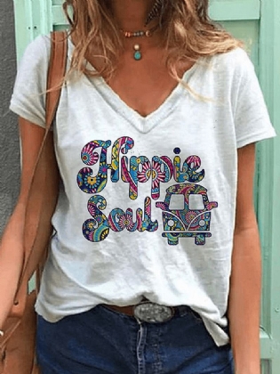 Daglig Casual Floral Alfabet Bil Med Tryk Vilde Løse Kvinder T-shirts