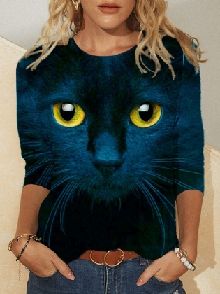 Dame 3d Kat Med Tryk Langærmede Design T-shirts