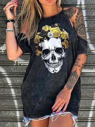 Designer Skelet Blomstertryk Casual T-shirts Til Kvinder