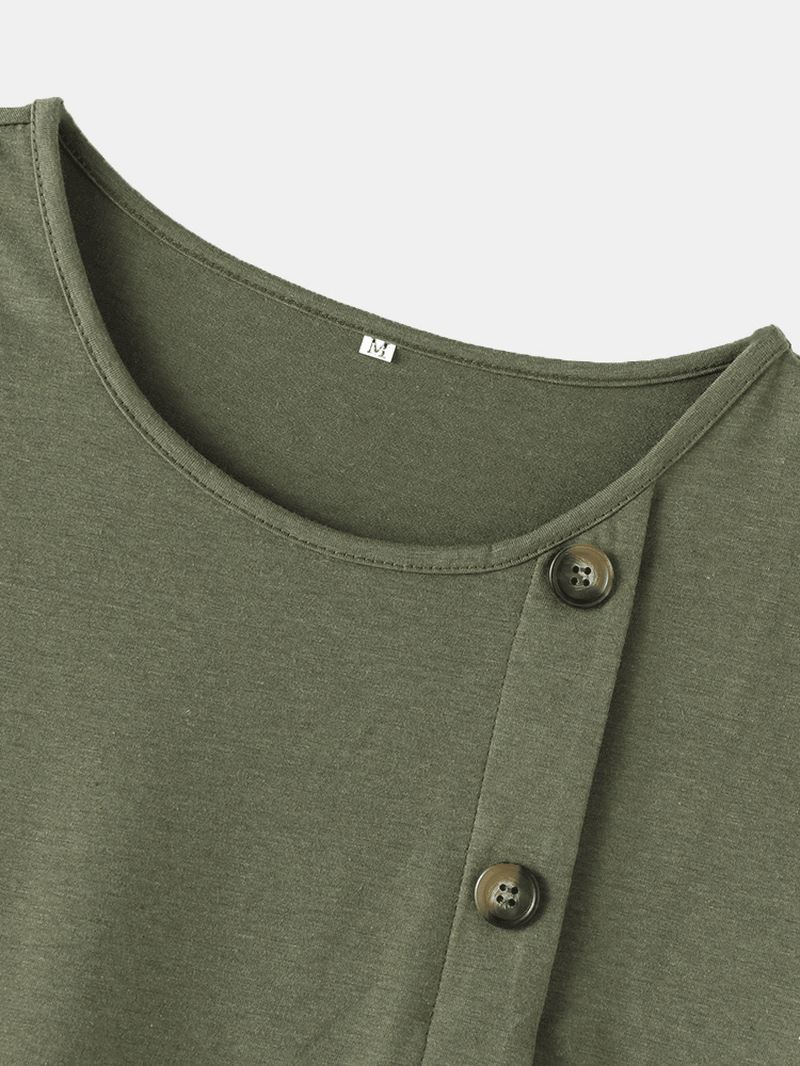 Ensfarvet O-hals Knap Kortærmet Afslappet T-shirt Til Kvinder