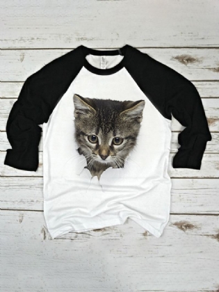 Kvinder 3d Cute Kat Med Tryk Raglan Ærmer Regular Fit Rund Hals Afslappet T-shirt