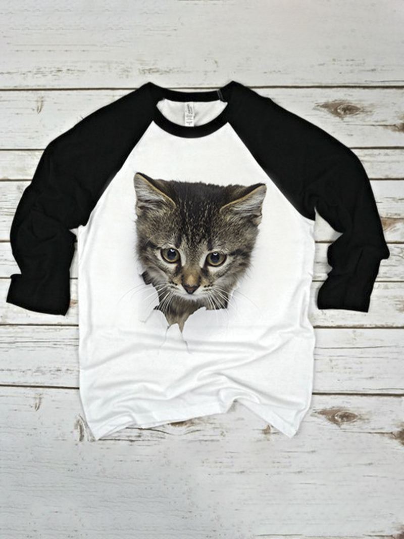 Kvinder 3d Cute Kat Med Tryk Raglan Ærmer Regular Fit Rund Hals Afslappet T-shirt