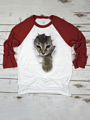 Kvinder 3d Kat Chest Med Tryk Patchwork Raglan Sleeve Rund Hals Kausal T-shirt