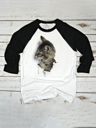 Kvinder 3d Kat Patchwork Raglan Ærme Rund Hals Afslappet T-shirt