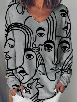 Kvinder Art Abstrakt Karakter Med Tryk Løs Langærmet Casual T-shirt