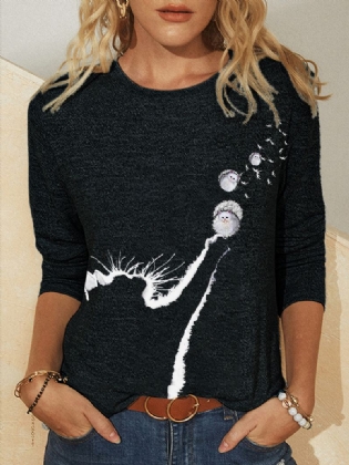 Kvinder Blomster Katte Med Tryk O-hals Langærmet Casual T-shirt