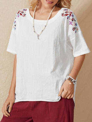 Kvinder Blomsterbroderi O-hals Uregelmæssig Hem Casual Løse T-shirts
