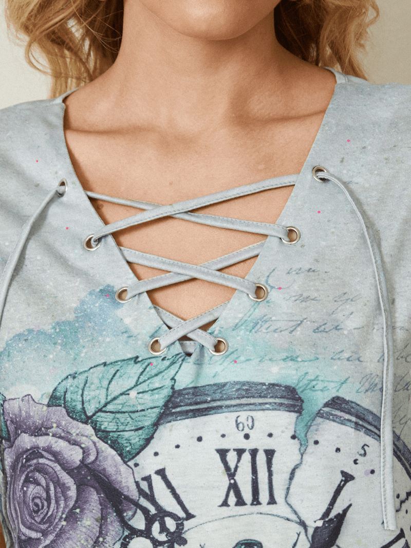 Kvinder Calico Dragonfly Med Tryk V-hals Bandage Casual Kortærmede T-shirts