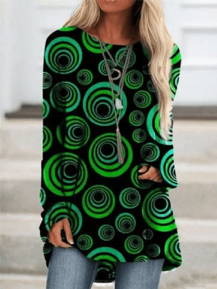 Kvinder Circle Med Tryk Rund Hals Drop Shoulder Langærmet Løs T-shirt