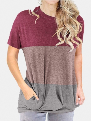 Kvinder Colorblock Patchwork Kortærmede T-shirts Med Rund Hals