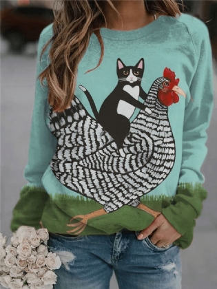 Kvinder Cute Tegneserie Kat Cock Med Tryk O-hals Langærmet Casual T-shirt