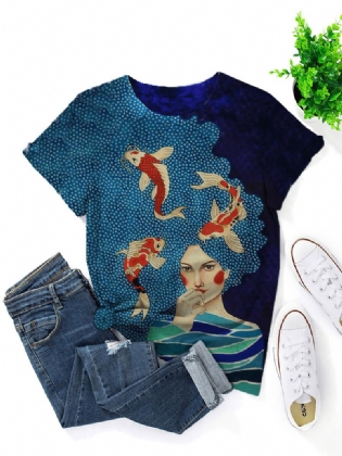 Kvinder Fish Med Tryk O-hals Kortærmet Plus Størrelse Casual T-shirt