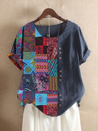 Kvinder Folk Style Med Tryk Patchwork Kortærmede T-shirts