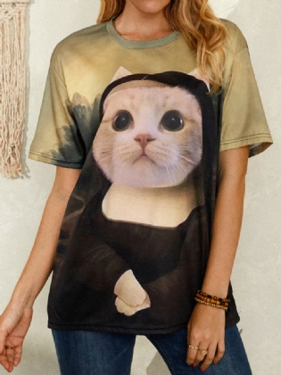 Kvinder Funny Kat Med Tryk Rund Hals Kortærmede T-shirts