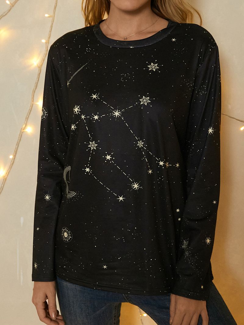 Kvinder Gemini Med Tryk Stars Moon O-hals Langærmet Afslappet T-shirt