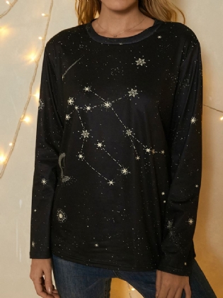 Kvinder Gemini Med Tryk Stars Moon O-hals Langærmet Afslappet T-shirt
