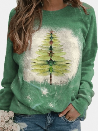Kvinder Jul Dragonfly Tree Med Tryk Langærmet Casual T-shirt