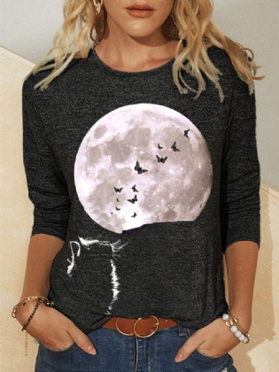 Kvinder Kat Moon Grafisk Trykt Langærmet O-hals Afslappet T-shirt