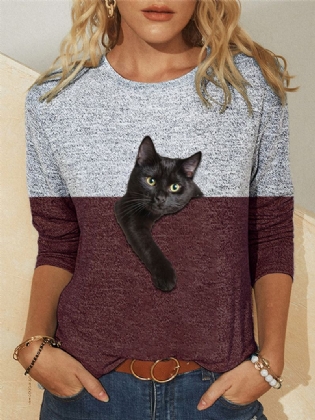 Kvinder Kontrastfarve 3d Kat Med Tryk Langærmet O-hals Afslappet T-shirt