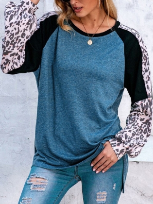 Kvinder Leopard Raglan Sleeve Patchwork O-hals Afslappet Løs T-shirt