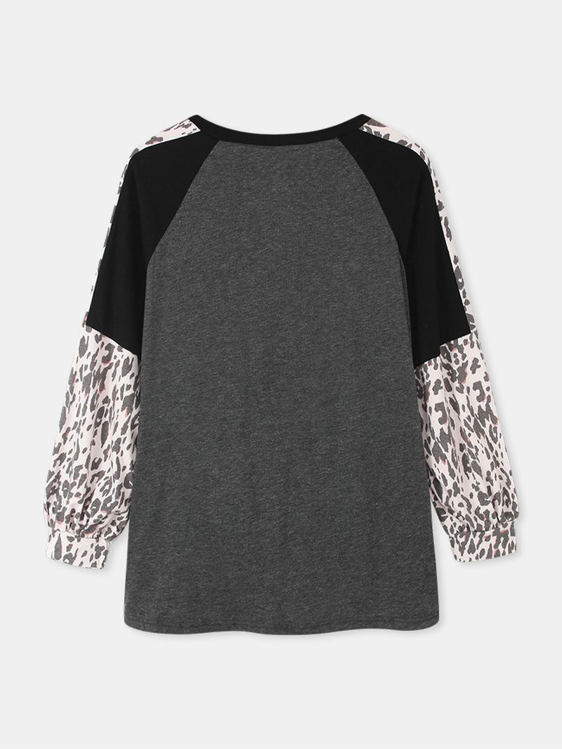 Kvinder Leopard Raglan Sleeve Patchwork O-hals Afslappet Løs T-shirt