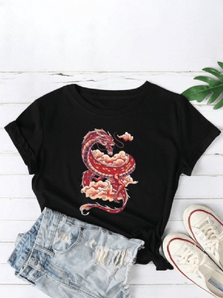 Kvinder Oriental Dragon Graphics O-hals Casual Kortærmede T-shirts