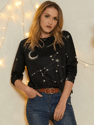 Kvinder Skytten Med Tryk Stars Moon O-hals Langærmet Afslappet T-shirt