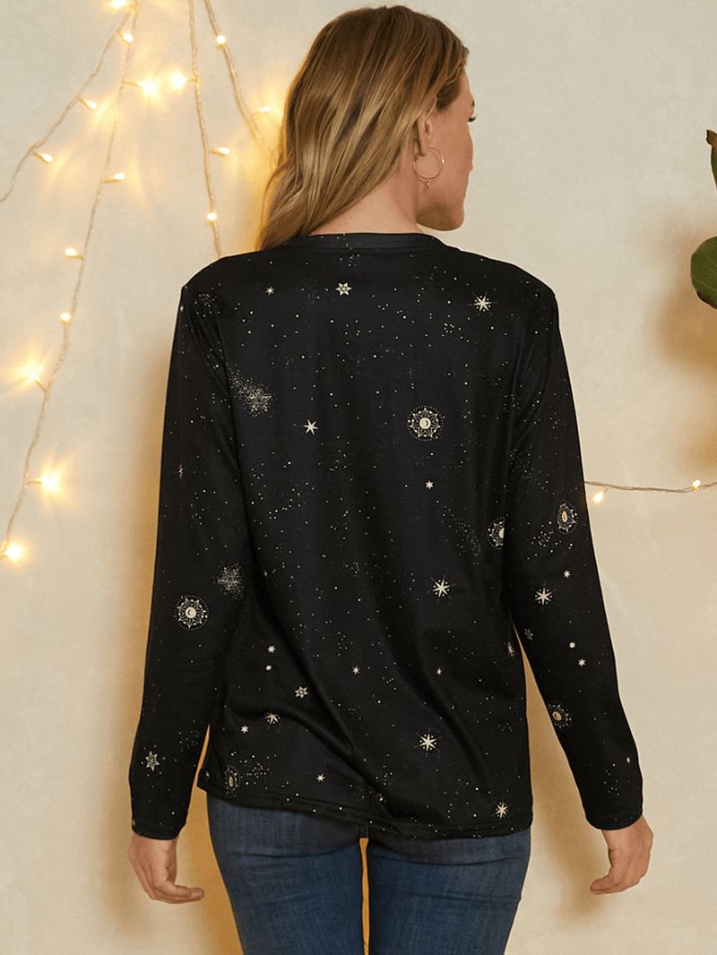 Kvinder Skytten Med Tryk Stars Moon O-hals Langærmet Afslappet T-shirt
