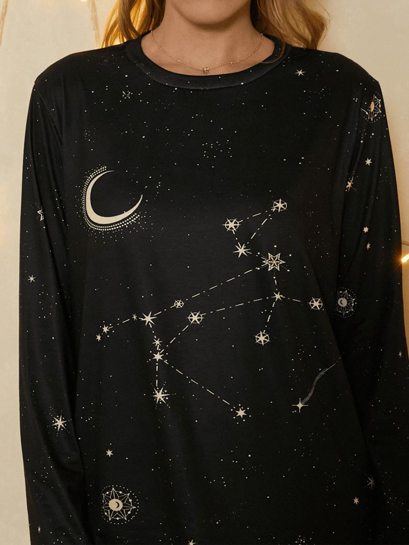 Kvinder Skytten Med Tryk Stars Moon O-hals Langærmet Afslappet T-shirt