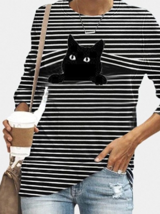 Kvinder Sort Kat Med Tryk Langærmede O-hals Stribet Casual T-shirt