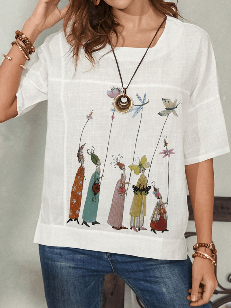 Kvinder Tegneserie Calico Figur Med Tryk Rund Hals Casual Løs Kortærmede T-shirts