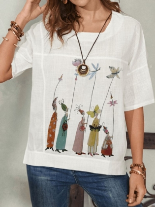 Kvinder Tegneserie Calico Figur Med Tryk Rund Hals Casual Løs Kortærmede T-shirts