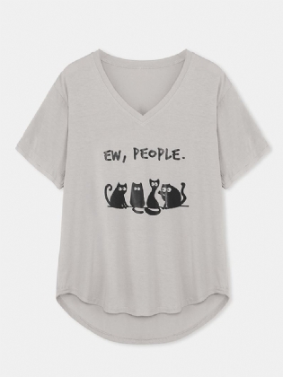 Kvinder Tegneserie Sød Kat Slogan Med Tryk V-hals Buet Kant Kortærmet T-shirt