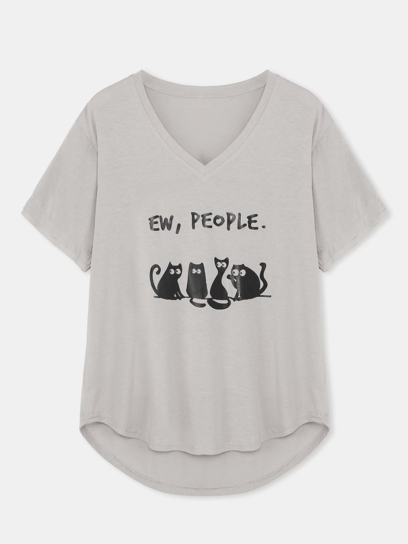 Kvinder Tegneserie Sød Kat Slogan Med Tryk V-hals Buet Kant Kortærmet T-shirt