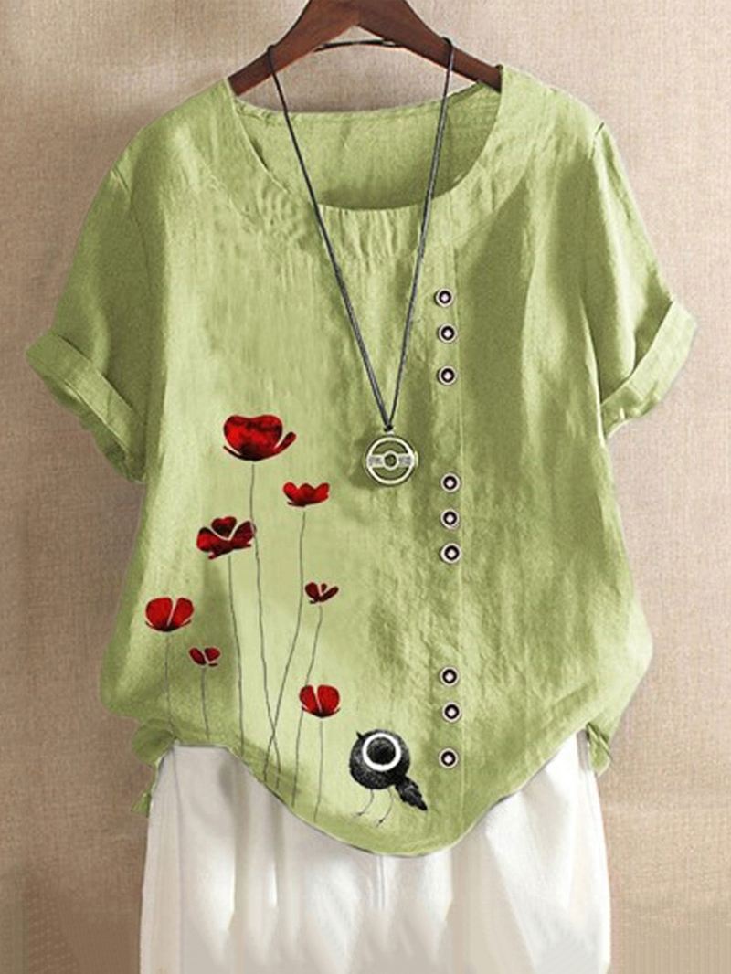 Kvinder Vintage Røde Blomsterprint Knap Casual Løse T-shirts
