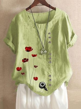 Kvinder Vintage Røde Blomsterprint Knap Casual Løse T-shirts